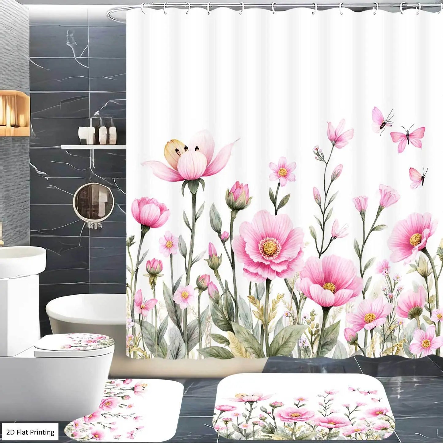 2D Flat, 2D Flat, 4pcs Floral Design with Pink Flowers And Butterflies Shower Curtain Set, Bathroom Set with Shower Curtain And Including Non-Slip, U-Shape And Toilet Lid Cover, Home Bathroom Accessory