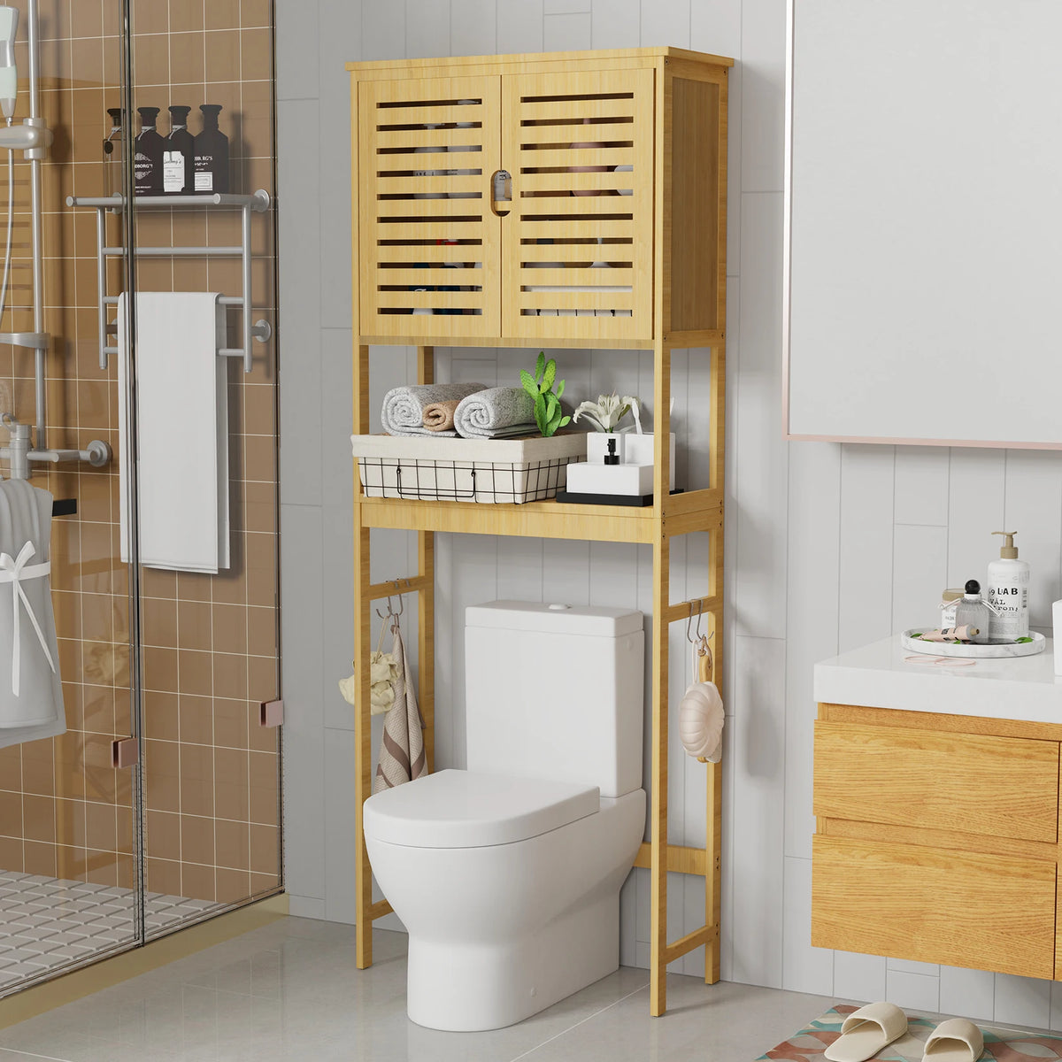 Over-the-Toilet Bathroom Storage Cabinet Bamboo Tall Organizer Rack Free Standing