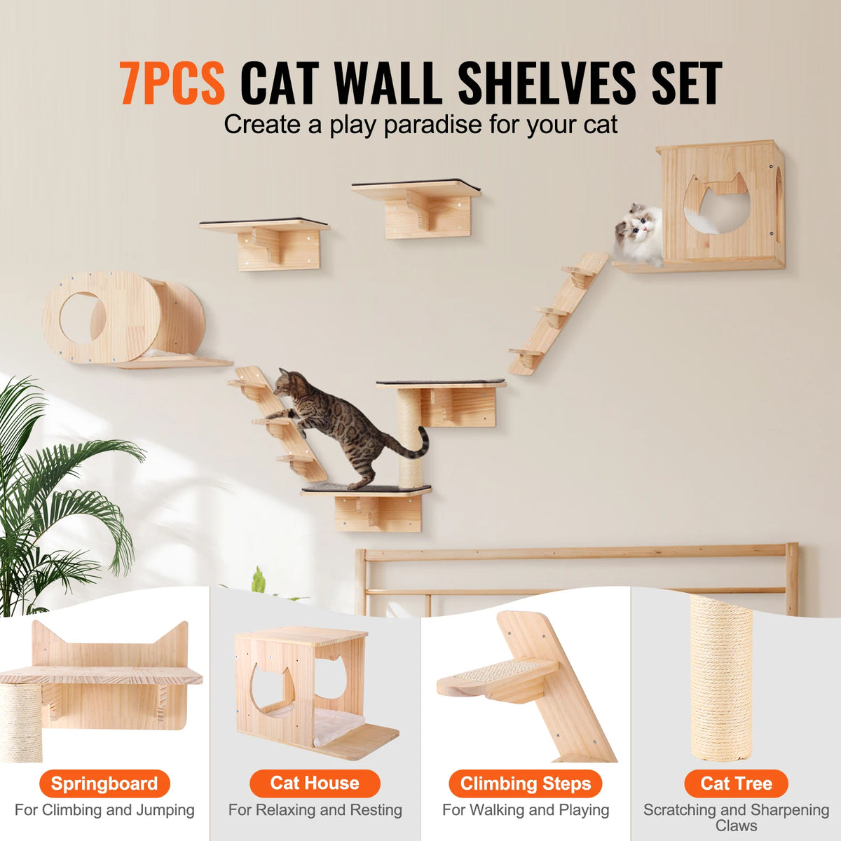 SucceBuy Wall Mounted Cat Shelves With Jumping Boards And Hammocks