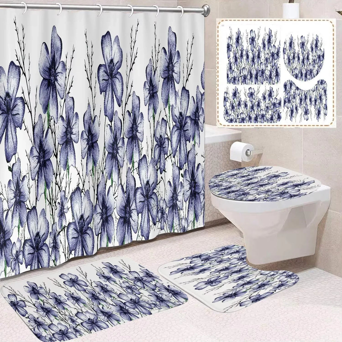 Custom 3D Digital Print Polyester Flower Shower Curtain Quick-Drying 4-Piece Modern Bathroom Set Wholesale Bathroom Accessory