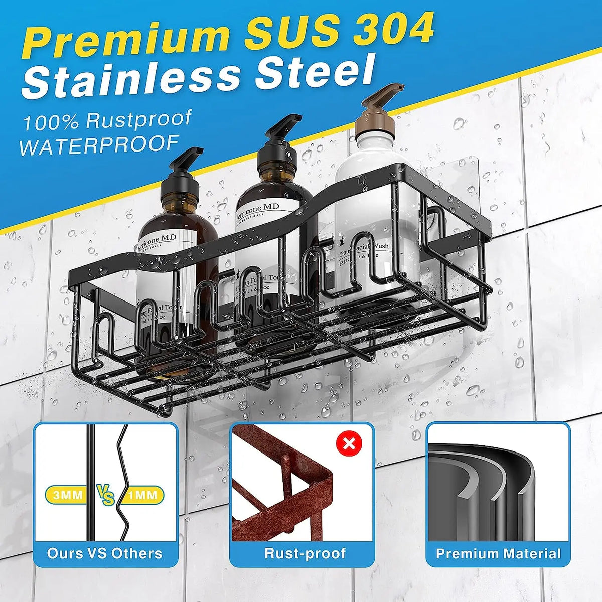 Adhesive Rustproof Stainless Steel Corner Shower Caddy with Soap Holder