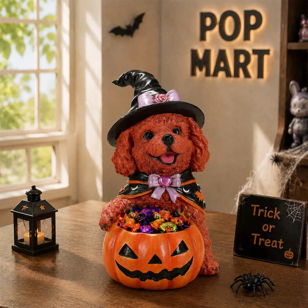 Halloween Witch French Bulldog Resin Figurine Pumpkin Candy Bowl Decoration