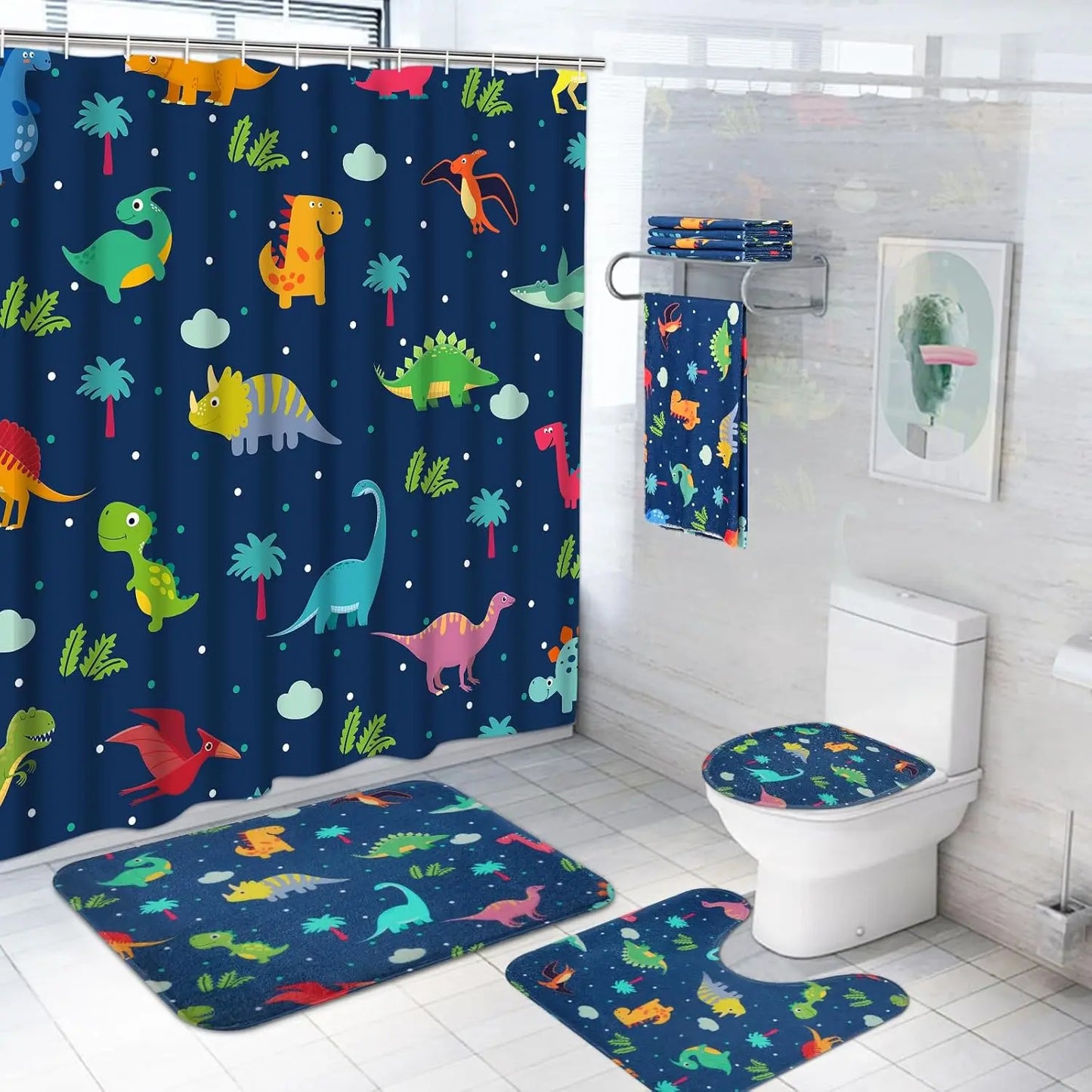 4PC Kids Dinosaur Bathroom Set - Waterproof Cartoon Shower Curtain with 12 Hooks, Non-Slip Mats & Toilet Cover, Fun Bath Decor